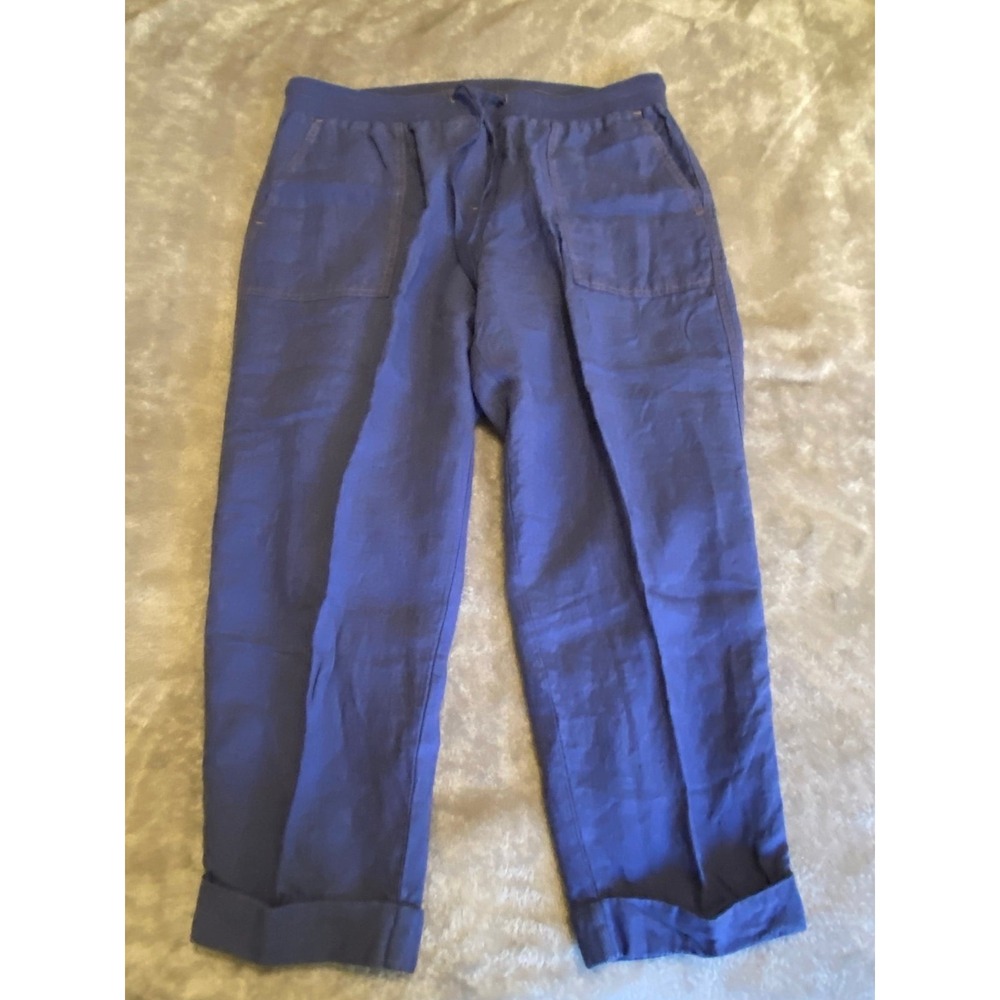 Jones New York Pants Linen Sport Cropped Cuff 14 Blue Stretch Tie Waist sku15